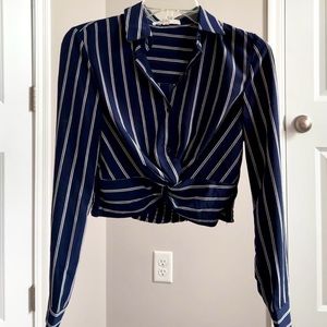 Navy Striped Long Sleeve Crop Top